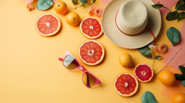Uma fruta e um chapéu estão sobre uma mesa