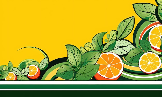 Foto uma fruta laranja é retratada em um desenho vetorial amarelo e verde no estilo de bordas decorativas