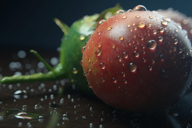 Uma fruta vermelha com água cai sobre ela