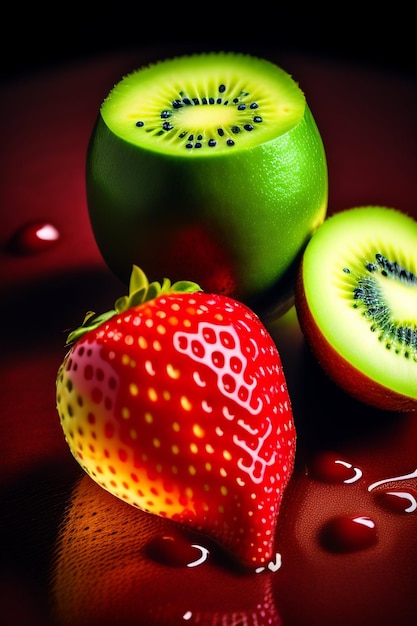 Uma fruta vermelha com kiwis