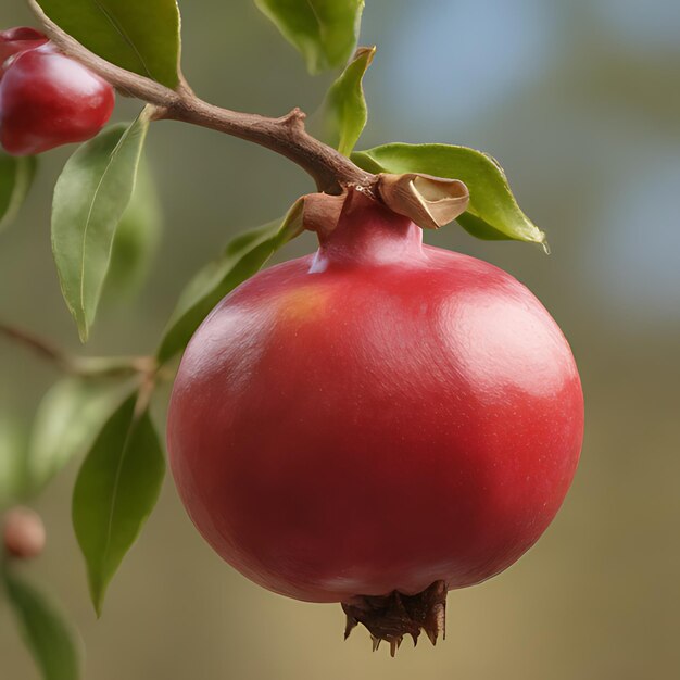 Foto uma fruta vermelha com uma folha verde que dizemspomegraon ele