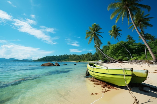 Uma fuga requintada As palmeiras de coco enfeitam uma praia tropical O mar abraçando a ilha do paraíso