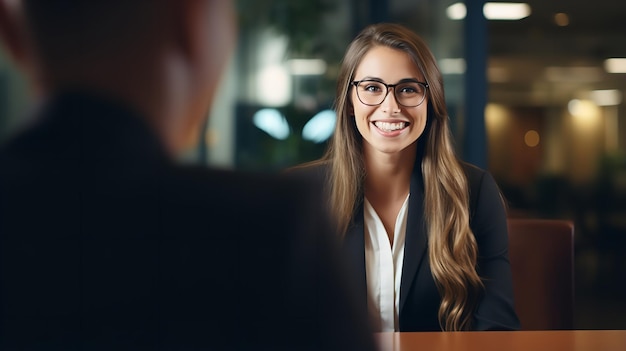 Foto uma funcionária de escritório vestindo um terno e óculos solicita uma entrevista de emprego