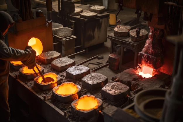 Uma fundição com metal fundido sendo derramado em moldes para criar uma variedade de produtos