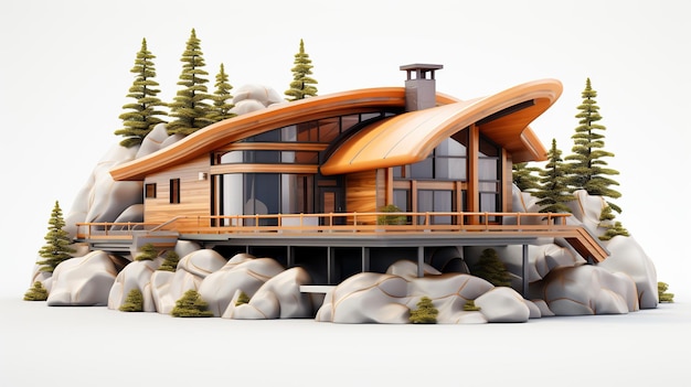 Uma fusão perfeita da elegância de uma casa de madeira e vidro em meio a uma serena floresta rochosa