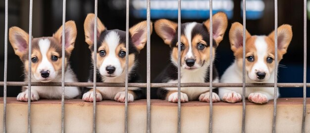 Uma gaiola com cachorros nela e um cobertor azul atrás dela