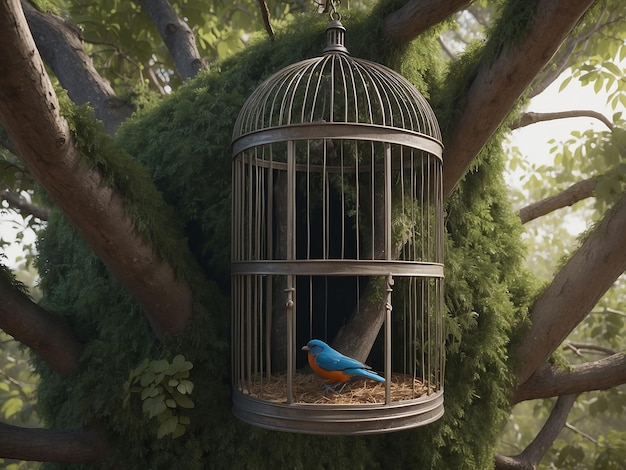 Uma gaiola de pássaro em uma árvore com um pássaro sentado dentro dela enquanto a porta da gaiola estava aberta