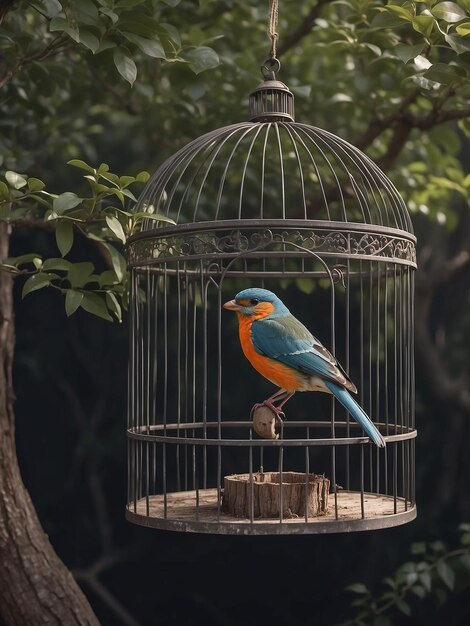 Uma gaiola de pássaro em uma árvore com um pássaro sentado dentro dela enquanto a porta da gaiola estava aberta