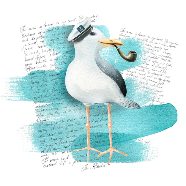 Uma gaivota com boina de capitão com um cachimbo sobre fundo azul e um texto sobre o Oceano Atlântico em inglês Ilustração em aquarela da coleção SEA FISHING Para decoração