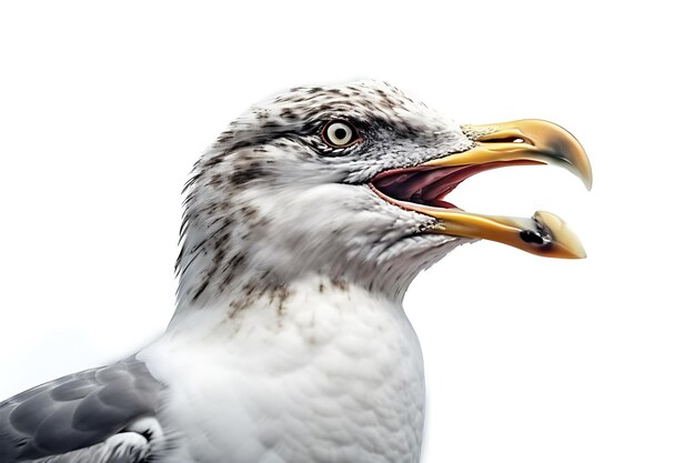 Uma gaivota com um bico amarelo é mostrada isolada em fundo branco