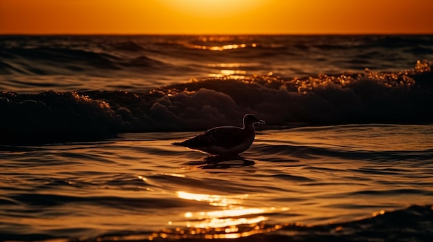 Uma gaivota fica na água ao pôr do sol generative ai