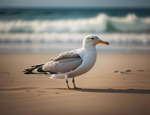 Uma gaivota fica na praia com o oceano ao fundo.