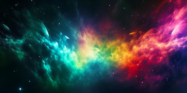 Uma galáxia colorida com um arco-íris e estrelas ao fundo