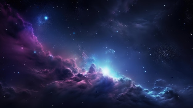 Uma galáxia roxa e azul com fundo azul e uma nebulosa roxa no centro.