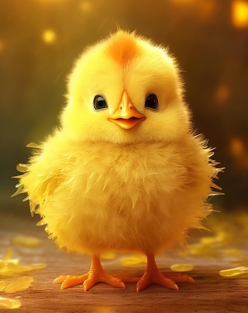 Uma galinha amarela com fundo marrom e um fundo amarelo com a foto de uma galinha com um olho roxo.