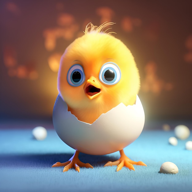 Uma galinha amarela com olhos azuis está abrindo um ovo.