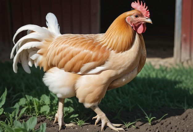 Uma galinha caminha na fazenda no chão