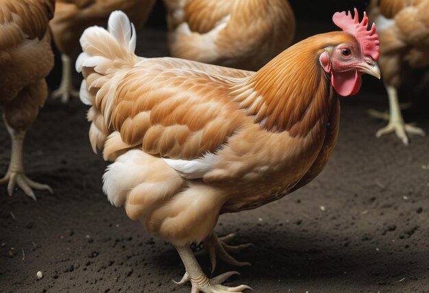 Foto uma galinha caminha na fazenda no chão