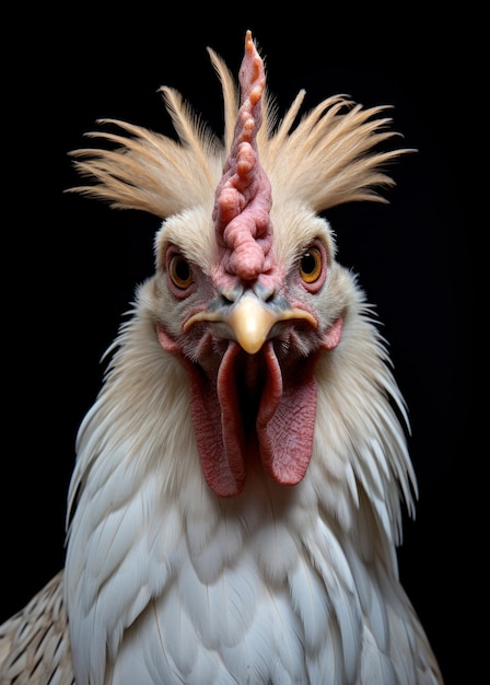 Foto uma galinha com bico vermelho e olhos amarelos