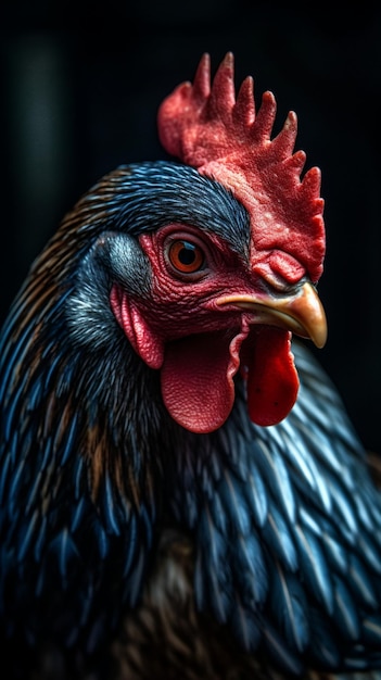 Uma galinha com um olho vermelho