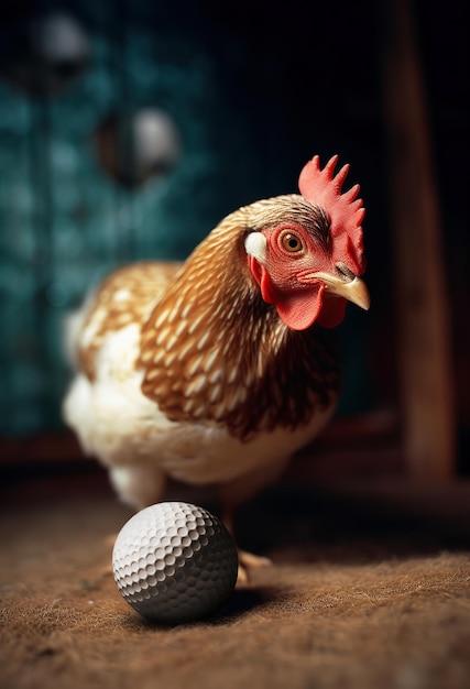 Uma galinha com uma bola de golfe no chão