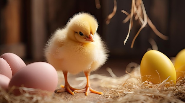Uma galinha e ovos em uma fazenda