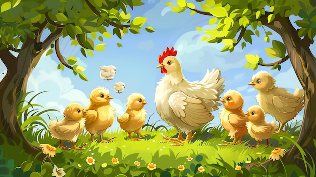 Uma galinha-mãe cuida de seus filhotes em um campo verde exuberante os filhotes estão reunidos em torno dela olhando para ela com adoração