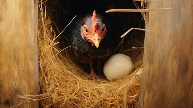 Foto uma galinha num ninho com um ovo nele