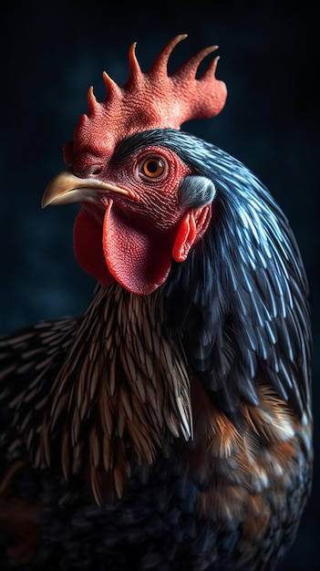 Uma galinha preta e azul com bico vermelho e olho amarelo.