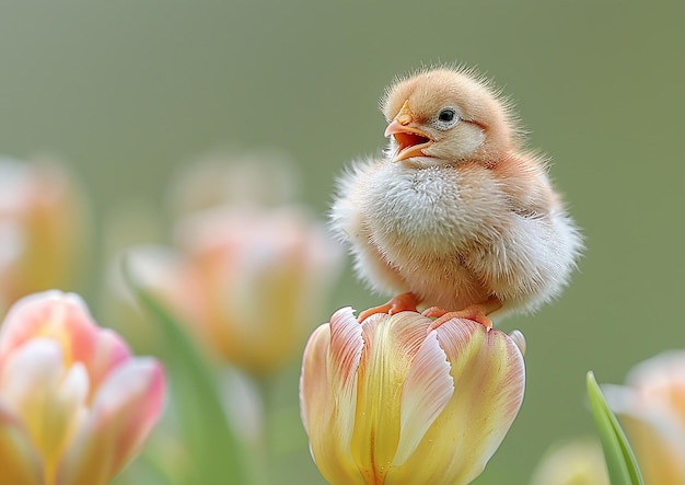 uma galinha sentada em uma tulipa com um fundo verde