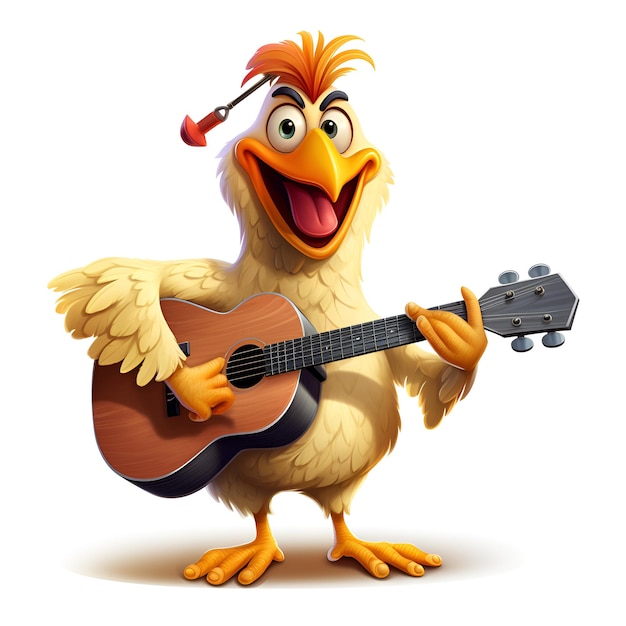 Uma galinha tocando personagem de desenho animado de guitarra em um fundo branco