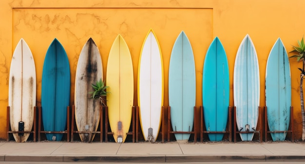 uma gangue colorida de tábuas de surf está apoiada contra uma porta de madeira