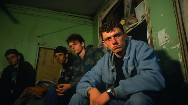 Uma gangue de jovens dos anos 80 num prédio da cidade na Full Moon Road.
