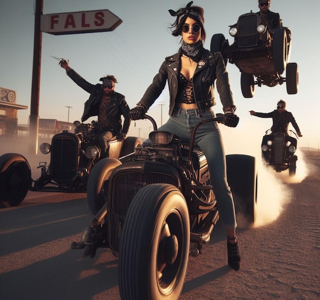 uma gangue de pinup girl e retro hipster vândalos em steampunk hot rods e bicicletas sintonizadas queimando borracha