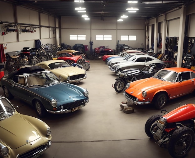 uma garagem com muitos carros e motocicletas diferentes