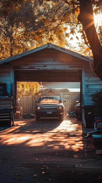 Foto uma garagem de carros aconchegante banhada na luz solar quente, ilustração gerada pela ia