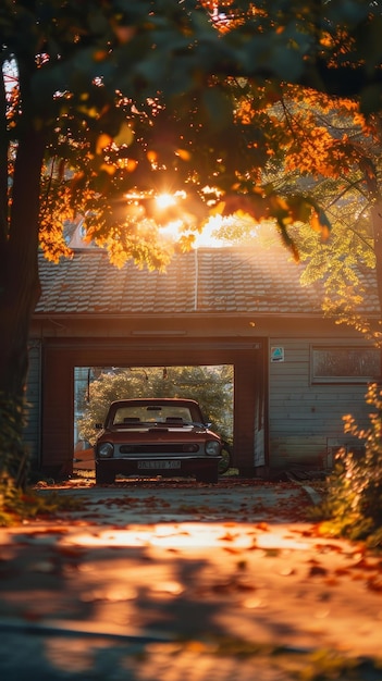 Uma garagem de carros aconchegante com um fundo iluminado pelo sol, ilustração gerada pela IA