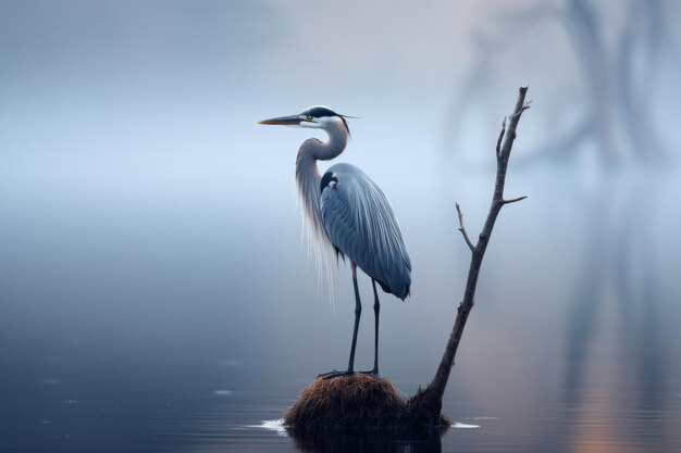 uma garça azul parada em um toco na água