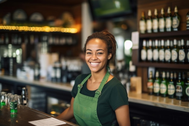 Uma garçonete sorridente fica atrás do bar pronta para servir bebidas