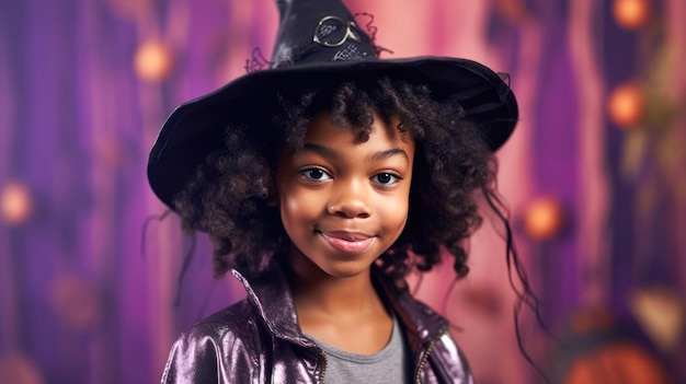 Uma garota afro-americana bonita em traje roxo de bruxa de Halloween olhando para a câmera sorrindo sobre o roxo