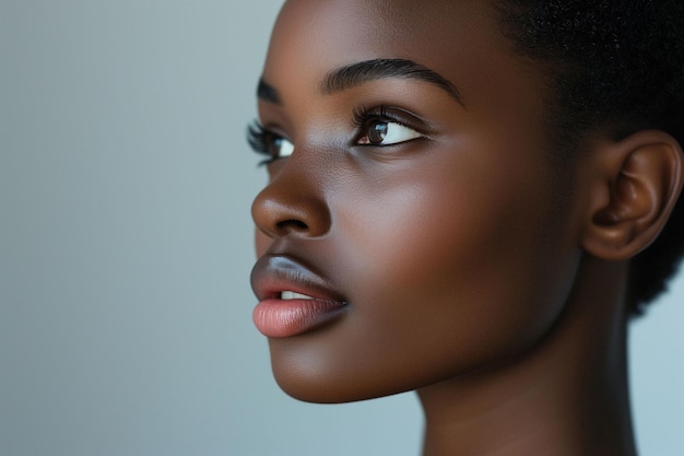 Uma garota afro-americana sonhadora e despreocupada olha pensativamente para a distância, o carisma da beleza brilhando