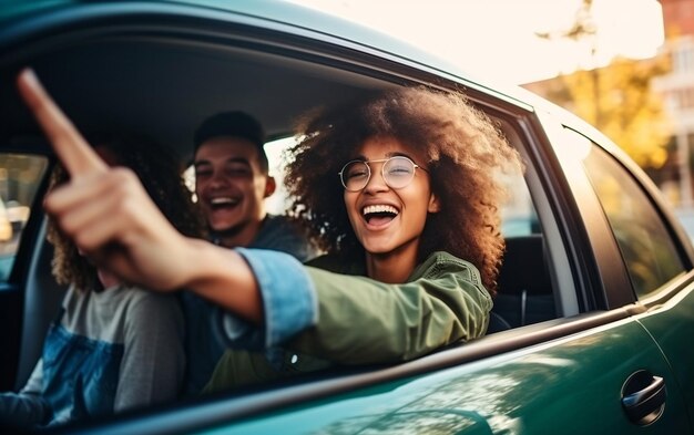 Uma garota afro-americana viajando de carro com seus amigos fazendo gestos pela janela