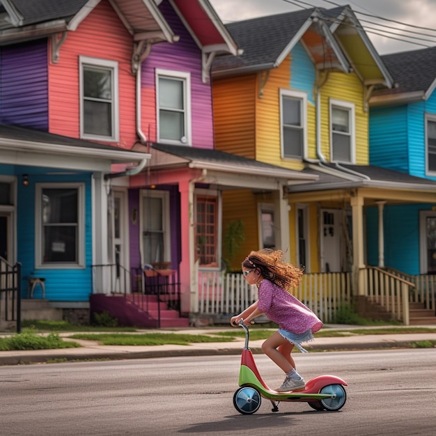 Uma garota andando de scooter na frente de uma fileira de casas coloridas.