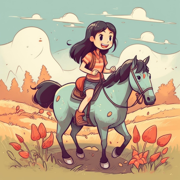 Uma garota andando em uma ilustração de desenho animado de cavalo com ai generativa