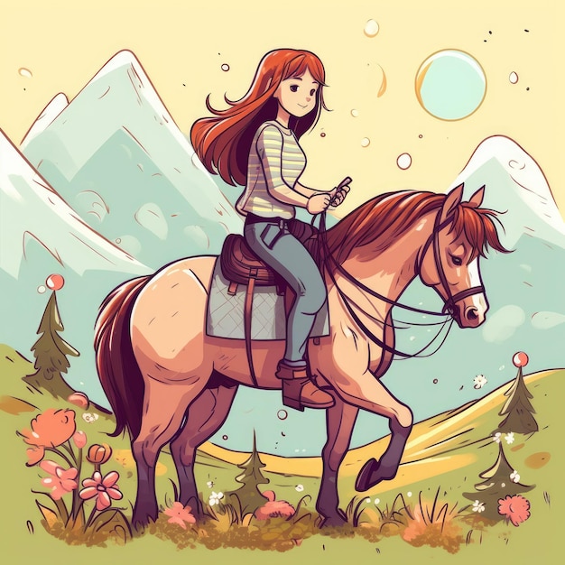 Uma garota andando em uma ilustração de desenho animado de cavalo com ai generativa