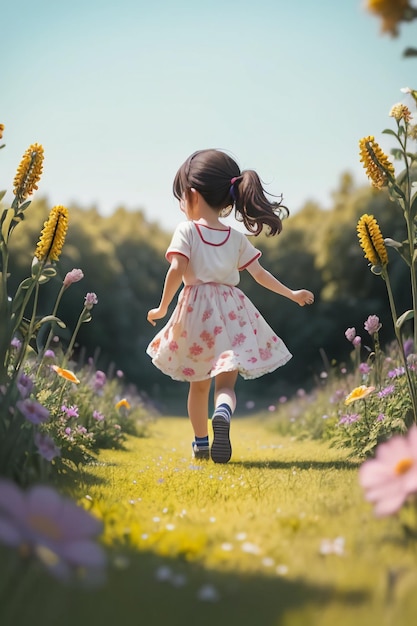 Uma garota andando por um campo de flores