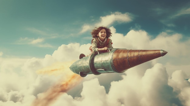 Uma garota animada pilotando o foguete acima das nuvens no céu Imagem generativa de IA weber