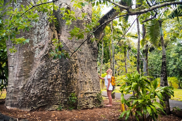 Uma garota ao lado de um baobá no jardim botânico da ilha de Maurício