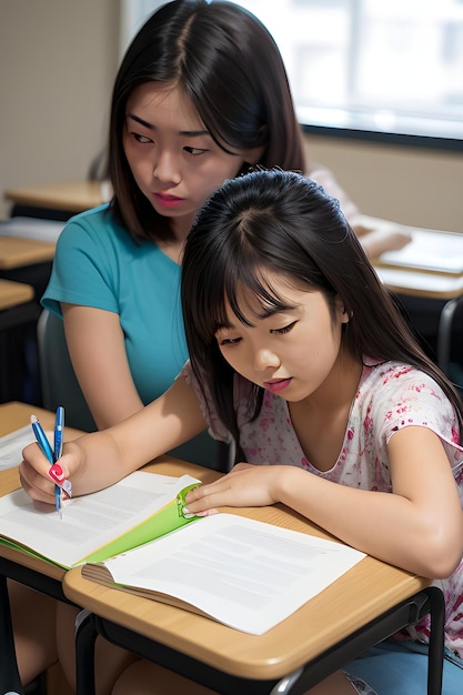 Uma garota asiática escrevendo e uma segunda garota olhando
