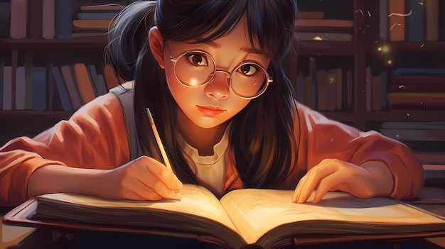 Uma garota asiática estudando atentamente seus olhos focados em um livro com determinação Conceito de volta às aulas
